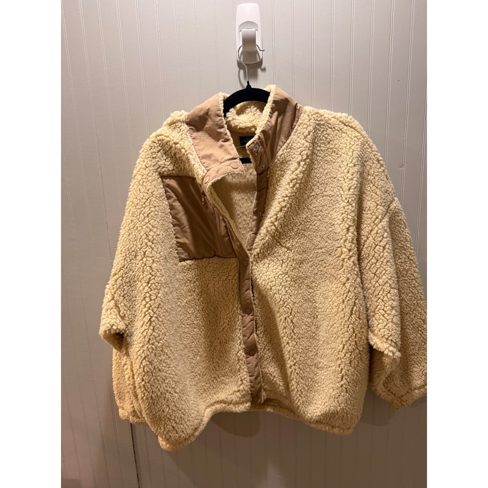 PacSun Womens Sherpa Fleece Jacket Cream Tan Snap Button High Neck Small